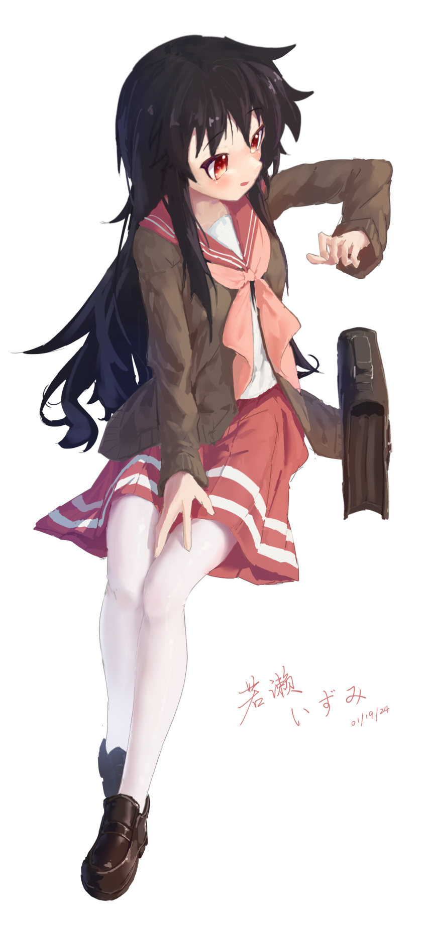 1girl, absurdres, ap04astral, bag, brown_cardigan, brown_footwear, brown_hair, cardigan