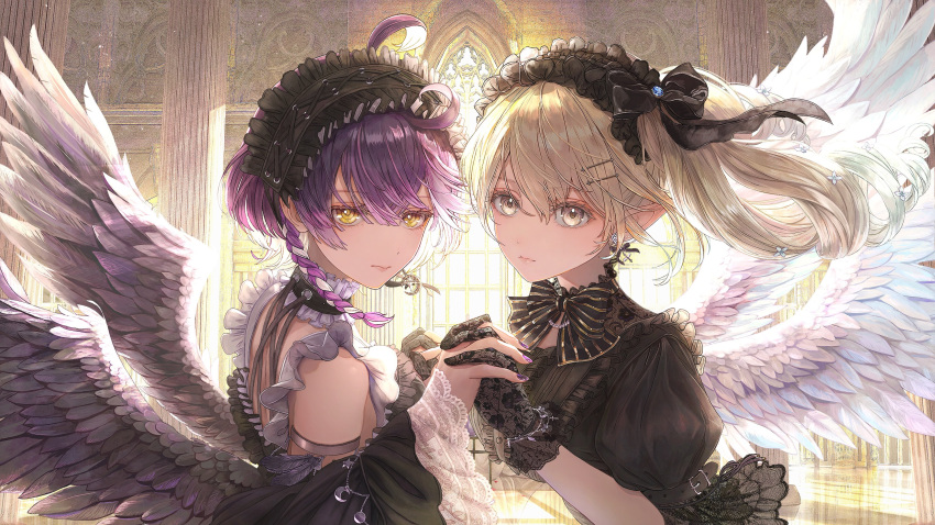 2girls, absurdres, black_dress, black_gloves, black_wings, blonde_hair, bow, bowtie