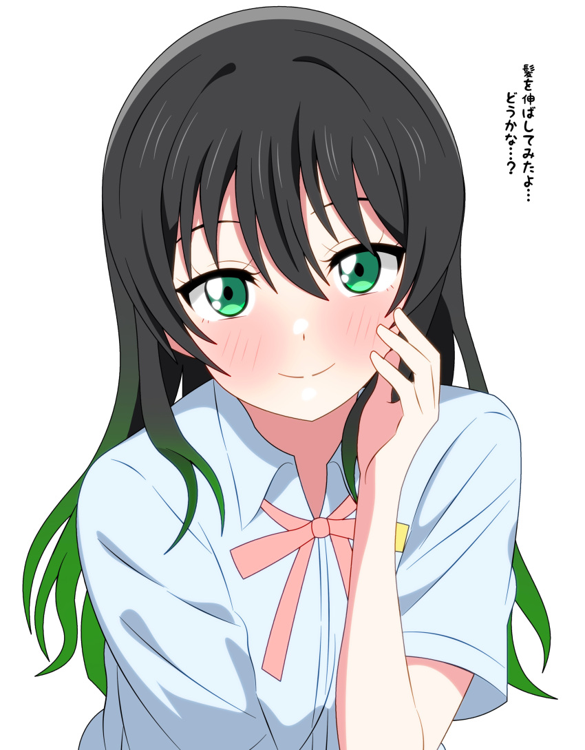 1girl, absurdres, black_hair, blue_shirt, commentary_request, gradient_hair, green_eyes, green_hair
