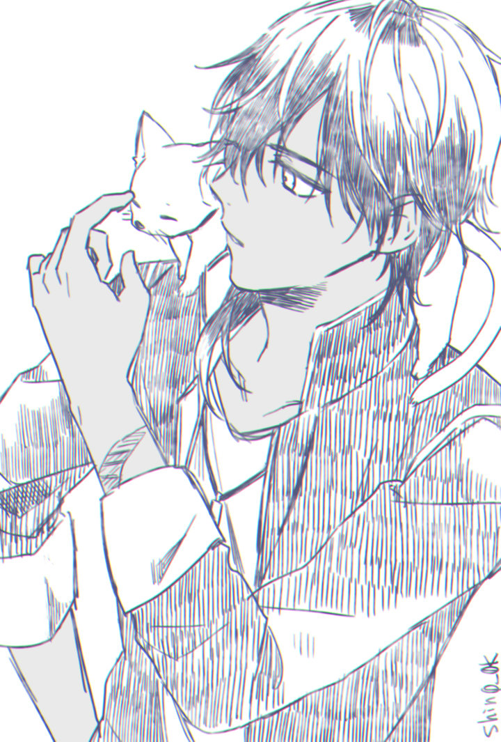 1boy, cat, chromatic_aberration, collarbone, dark-skinned_male, dark_skin, hand_on_own_hip, hatching_(texture)