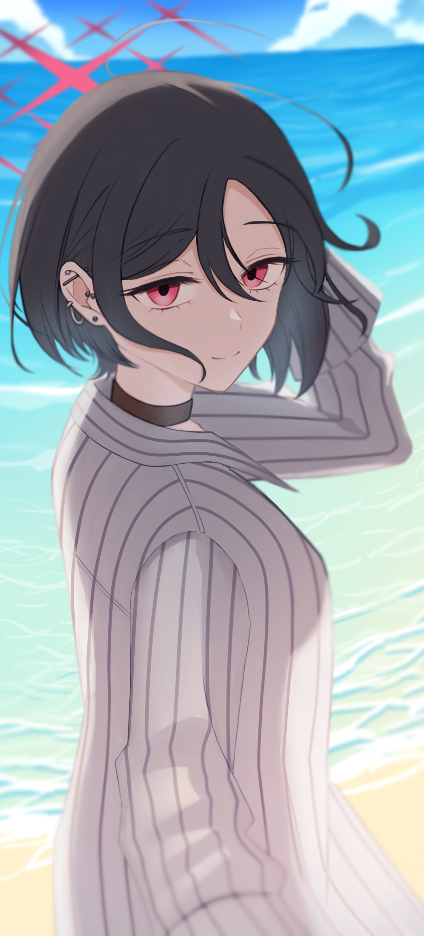 1girl, absurdres, beach, bikini, bikini_under_clothes, black_choker, black_hair, blue_archive