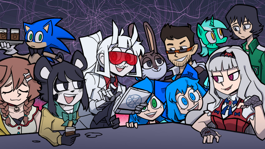 3boys, 6+girls, absurdres, ahoge, animal_ears, big_chungus_(meme), black_bow, black_bowtie, black_eyes, black_hair, black_necktie, blue_bow, blue_bowtie, blunt_bangs, bone_hair_ornament, bow, bowtie, braid, breasts, brown_eyes, brown_hair, bugs_bunny, captainsparklez, cirno, closed_eyes, closed_mouth, collared_shirt, crossover, dog_ears, dog_girl, fangs, fingerless_gloves, fishnet_gloves, fishnets, furry, furry_female, furry_male, gloves, green_eyes, green_jacket, grey_hair, grin, hair_between_eyes, hair_bow, hair_ornament, heart, heart_ahoge, helltaker, high_ponytail, highres, holding, holding_tray, hololive, horns, idolmaster, idolmaster_(classic), inugami_korone, inugami_korone_(1st_costume), izumi_konata, jacket, kang_sae-byeok, kenny_(ken_ashcorp), lab_coat, long_hair, looking_at_another, looking_at_viewer, looking_to_the_side, looney_tunes, loremaster_(helltaker), low_twin_braids, lucky_star, lyra_heartstrings, medium_bangs, medium_breasts, medium_hair, meme, mole, mole_under_eye, multiple_boys, multiple_girls, my_little_pony, my_little_pony:_friendship_is_magic, necktie, open_mouth, original, pale_skin, panda_ears, panda_girl, parody, rabbit_boy, real_life, red-tinted_eyewear, red_eyes, red_shirt, ringed_eyes, shijou_takane, shirt, short_hair, siivagunner, smile, sonic_(series), sonic_the_hedgehog, squid_game, style_parody, sunglasses, tablet_pc, teeth, tinted_eyewear, touhou, track_jacket, tray, triple-q, twin_braids, upper_body, upper_teeth_only, vanripper_(style), virtual_youtuber, waiter, white_gloves, white_hair, white_horns