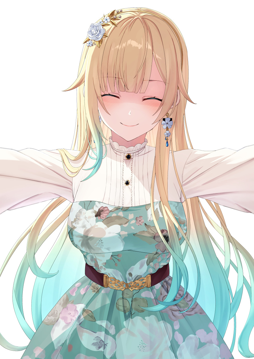 1girl, absurdres, aizawa_ema, aqua_dress, aqua_hair, belt, blonde_hair, blunt_bangs