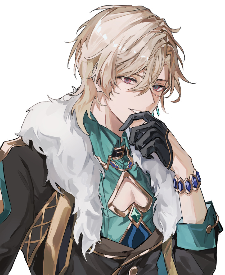 1boy, absurdres, aventurine_(honkai:_star_rail), belt_collar, black_gloves, black_jacket, blonde_hair, bracelet