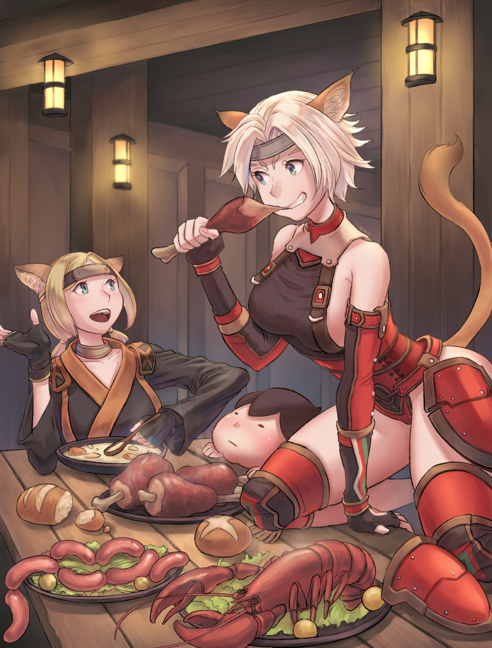 1boy, 2girls, animal_ears, bandana, blonde_hair, blue_eyes, boned_meat, bread, breasts, brown_hair, cactus41747280, cat_ears, cat_girl, cat_tail, choker, detached_sleeves, dougi, final_fantasy, final_fantasy_xi, food, harness, highres, linked_sausages, lobster, meat, mithra_(ff11), multiple_girls, plastron, sausage, scorpion_harness, sideboob, stew, tail, tarutaru, unitard