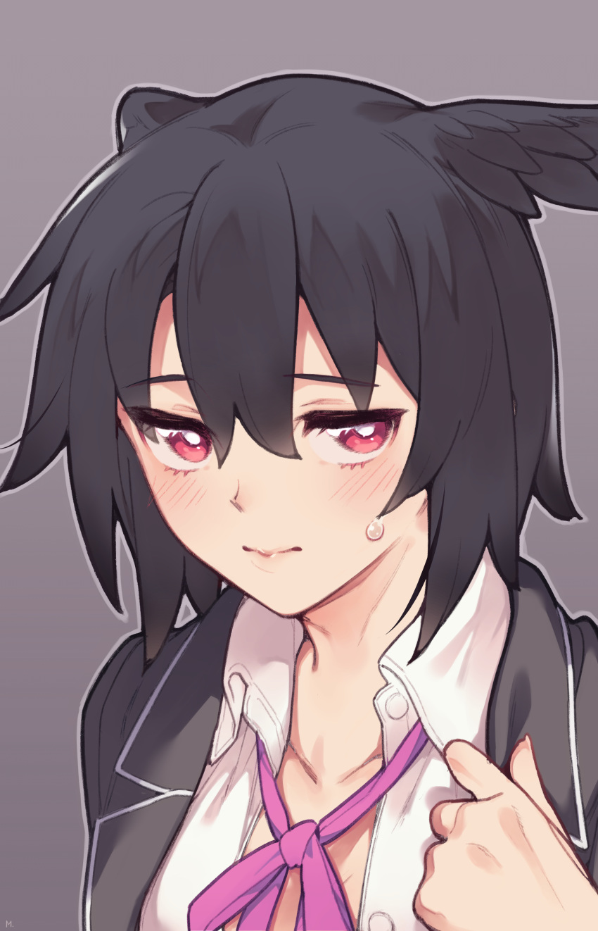 1girl, absurdres, black_hair, black_jacket, blush, breasts, collared_shirt, fate/grand_order