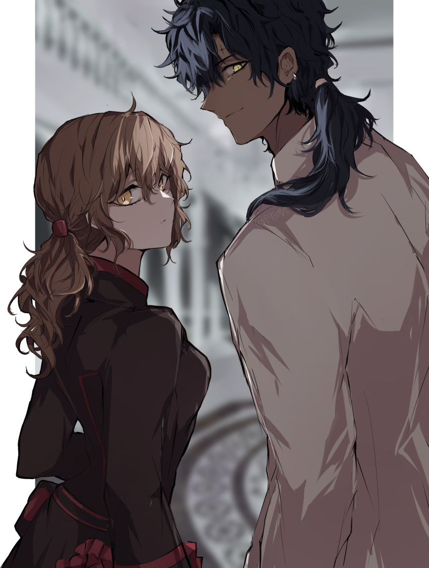 1boy, 1girl, absurdres, black_hair, black_order_uniform, brown_eyes, brown_hair, d.gray-man