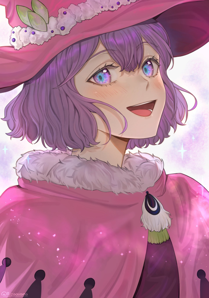 1girl, :d, black_clover, blue_eyes, capelet, dorothy_unsworth, fur-trimmed_capelet, fur_trim
