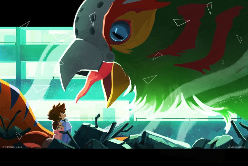 1boy, 1girl, artist_name, beak, blue_eyes, brown_hair, colored_skin, digimon