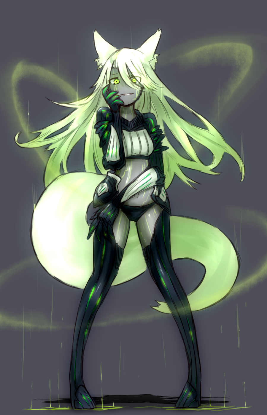 black_legwear, boots, fox_ears, fox_tail, glowing, glowing_eyes, gradient_hair, green_eyes