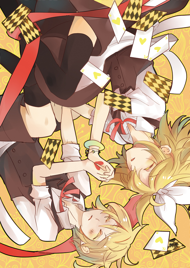 card, falling_card, hair_ribbon, heart, heart_card, hitobashira_alice_(vocaloid), kagamine_len, kagamine_rin