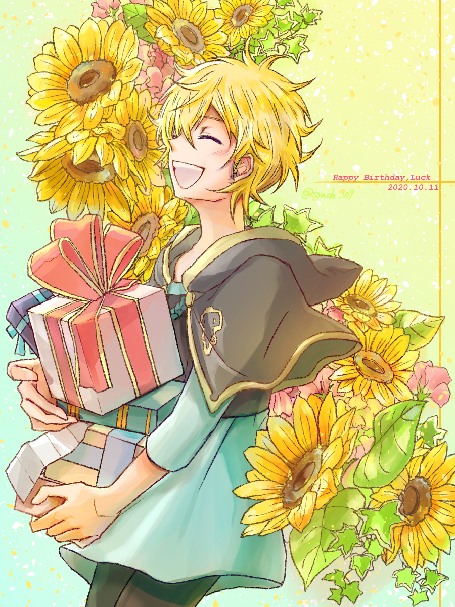 1boy, aqua_shirt, black_capelet, black_clover, black_pants, blonde_hair, bow, capelet, closed_eyes, dated, english_text, flower, gift, gradient_background, highres, holding, holding_gift, kkc_ayb, luck_voltia, open_mouth, pants, red_bow, red_ribbon, ribbon, shirt, short_hair, solo, sunflower, teeth, upper_teeth_only, yellow_flower