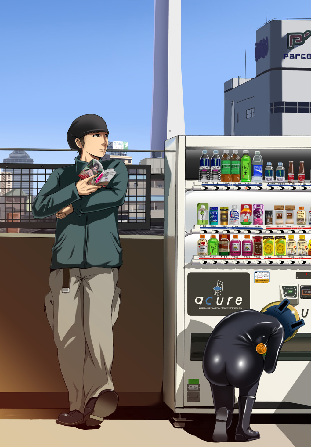 belt, black_eyes, bodysuit, book, building, celty_sturluson, drink, durarara!!, hat, helmet, highres, kadota_kyouhei, kneeling, mimura_kaoru, motorcycle_helmet, pocari_sweat, product_placement, shadow, standing, togusa_saburou, vending_machine