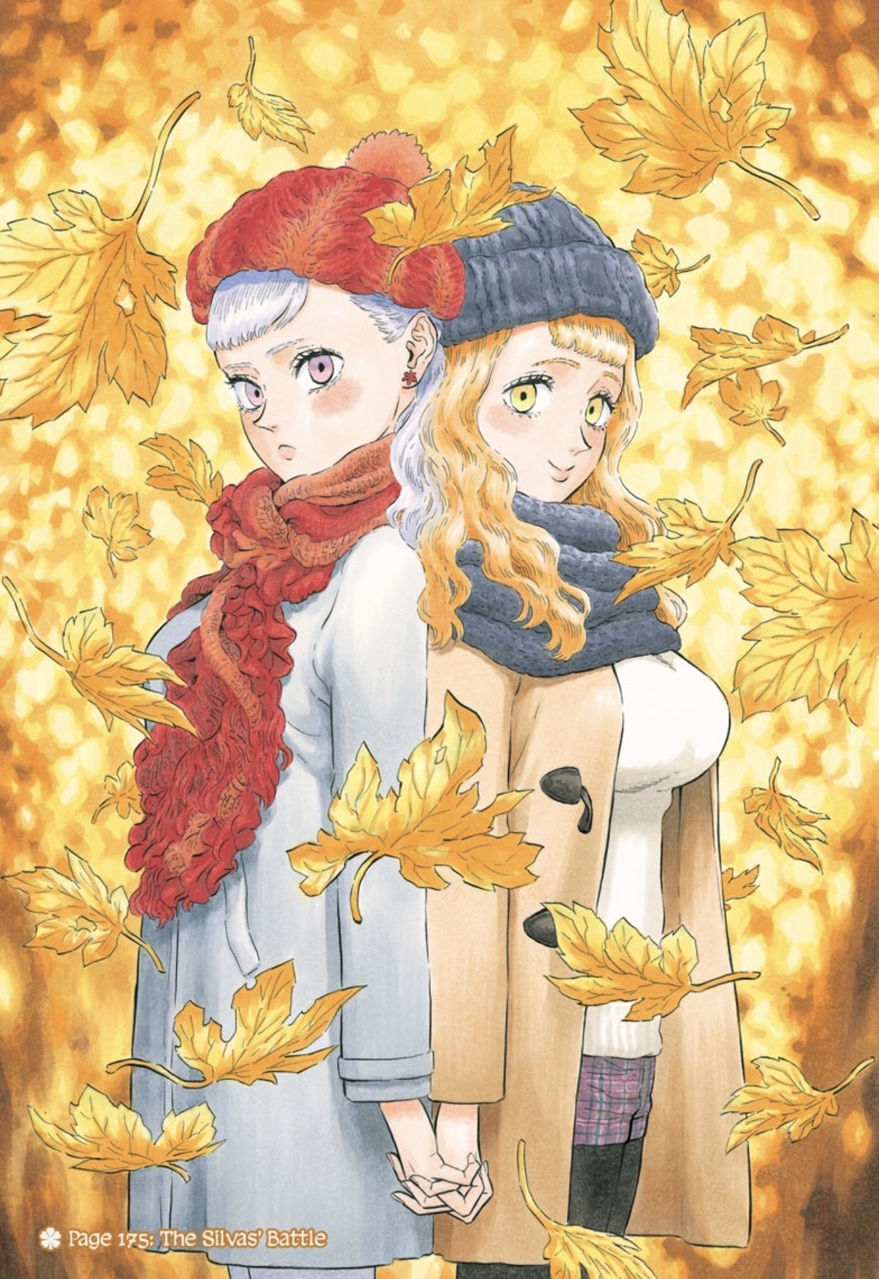 2girls, autumn_leaves, back-to-back, beanie, black_clover, black_headwear, black_scarf, blush