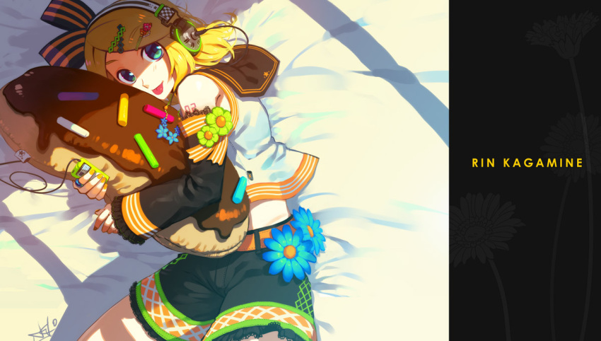:p, blue_eyes, digital_media_player, flower, from_above, hair_ornament, hair_ribbon, hairclip