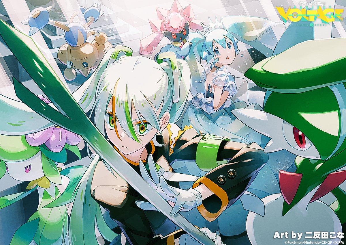 2girls, artist_name, copyright_name, crystal, diancie, dress, fighting_miku_(project_voltage), gallade