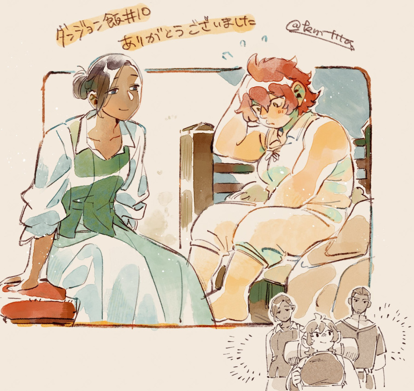 1boy, 2girls, asymmetrical_bangs, backpack, bag, barefoot, bed, bedroom, black_hair, brother_and_sister, dark-skinned_female, dark-skinned_male, dark_skin, dress, dungeon_meshi, facial_hair, flustered, flying_sweatdrops, green_vest, hair_between_eyes, hair_bun, hair_pulled_back, hand_up, highres, kaka_floke, kiki_floke, kmttta, looking_at_another, looking_down, multiple_girls, namari_(dungeon_meshi), on_bed, outside_border, pajamas, pants, partially_colored, redhead, scratching_head, shirt, short_hair, siblings, single_hair_bun, sitting, sleeveless, sleeveless_shirt, smile, stubble, twins, updo, vest, white_dress, white_pants, white_shirt