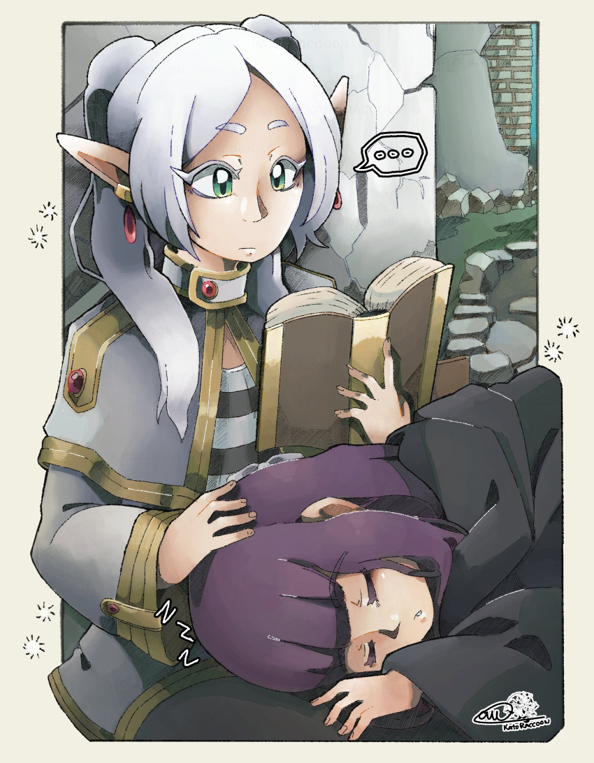 ..., 2girls, absurdres, artist_logo, black_robe, book, border, capelet, closed_eyes, commentary, earrings, elf, english_commentary, fern_(sousou_no_frieren), frieren, green_eyes, highres, holding, holding_book, jewelry, kato_raccoon, lap_pillow, multiple_girls, outside_border, pointy_ears, purple_hair, reading, robe, sidelocks, sleeping, sousou_no_frieren, speech_bubble, twintails, white_border, white_capelet, white_hair