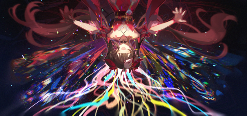 1girl, :d, absurdres, bell, black_choker, black_gloves, bow, brown_hair, chinese_commentary, choker, closed_eyes, commentary_request, confetti, cowboy_shot, criss-cross_halter, detached_sleeves, dress, facing_viewer, falling, floating_hair, fox_mask, gloves, hair_bow, halterneck, highres, honkai:_star_rail, honkai_(series), long_hair, mask, mask_on_head, mojieovo, neck_bell, o-ring, obi, open_hands, open_mouth, outstretched_arms, red_bow, red_dress, red_sleeves, sash, short_sleeves, sidelocks, single_glove, sleeveless, sleeveless_dress, smile, solo, sparkle_(honkai:_star_rail), twintails, upside-down, very_long_hair