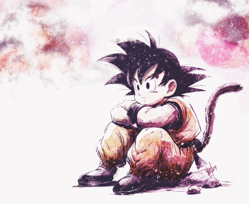 1boy, alzandahh, black_eyes, black_hair, commentary, dragon_ball, highres, knees_up