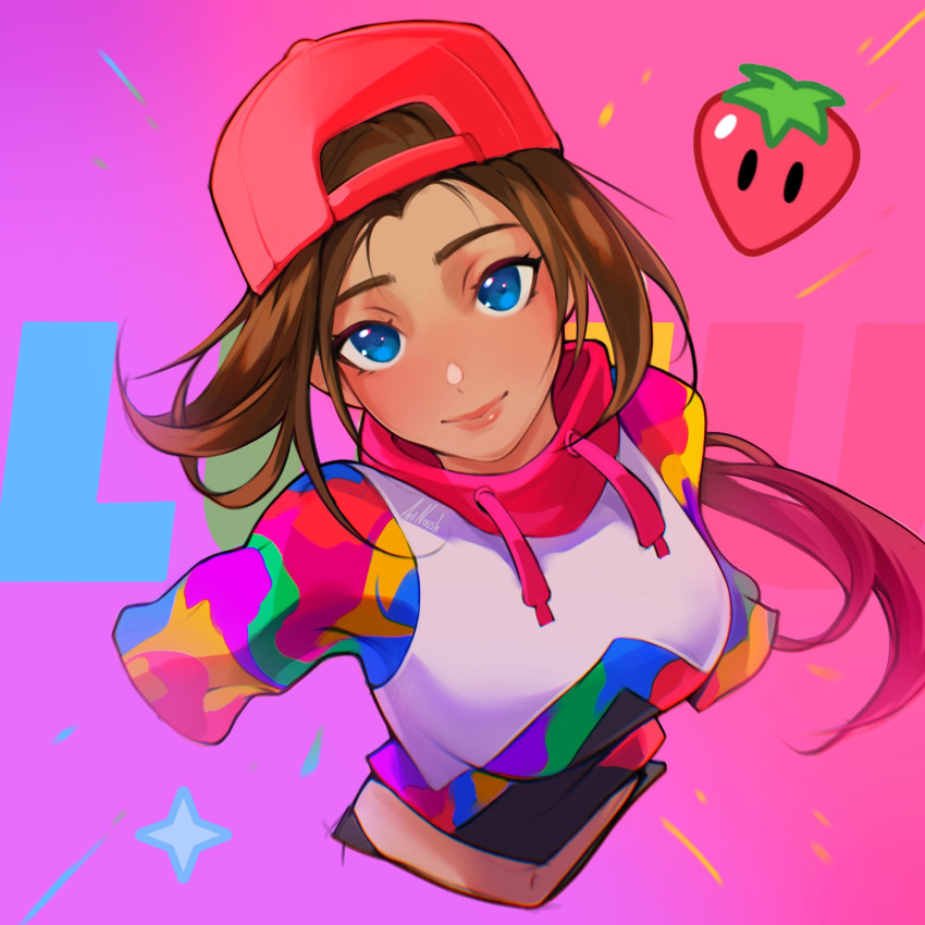 1girl, animification, backwards_hat, blue_eyes, blush, brown_hair, drawstring, floating_hair, food, fortnite, fruit, hat, highres, long_hair, looking_at_viewer, loserfruit, midriff_peek, multicolored_sweater, navel, noush, pink_headwear, pink_lips, ponytail, real_life, smile, solo, sparkle, strawberry, upper_body