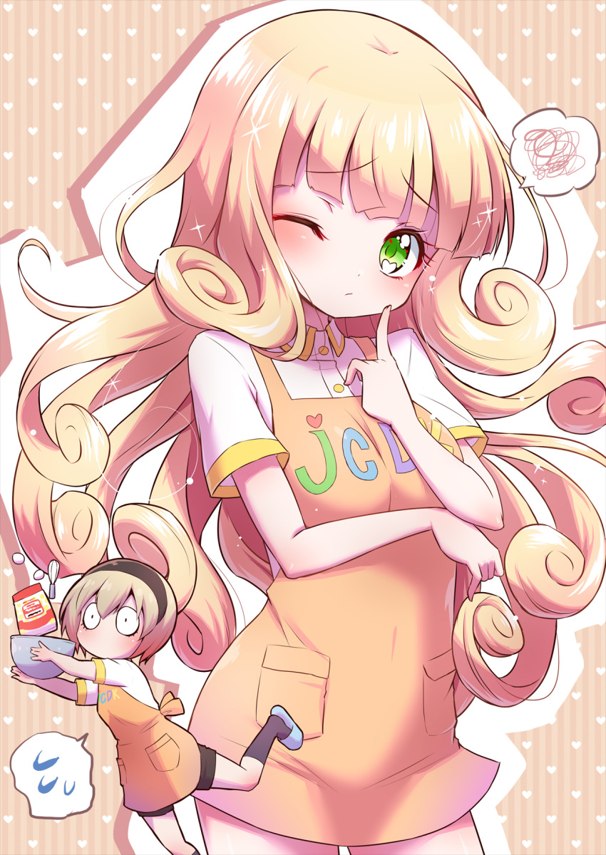 2girls, apron, black_hairband, black_shorts, black_socks, blonde_hair, blue_footwear, blush