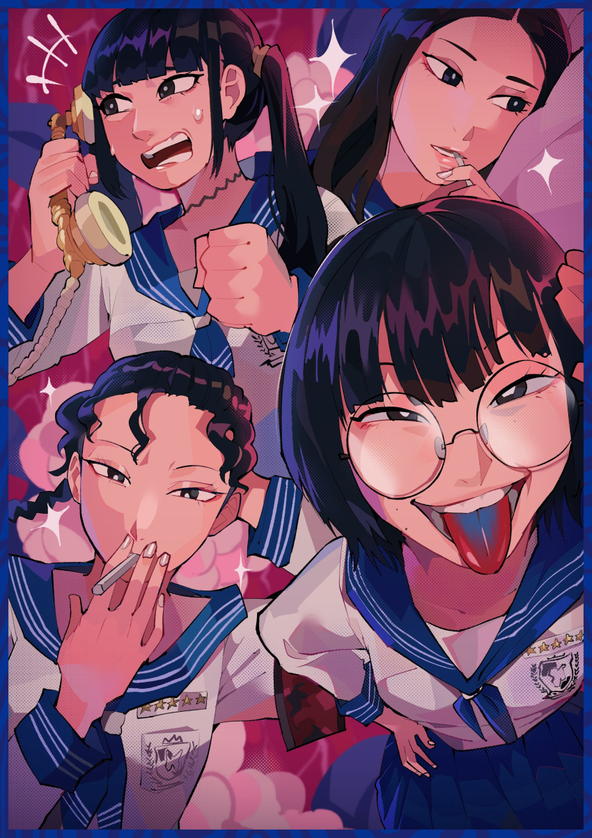 absurdres, antique_phone, atarashii_gakkou_no_leaders, black_eyes, black_hair, blue_neckerchief, blue_sailor_collar, blue_skirt