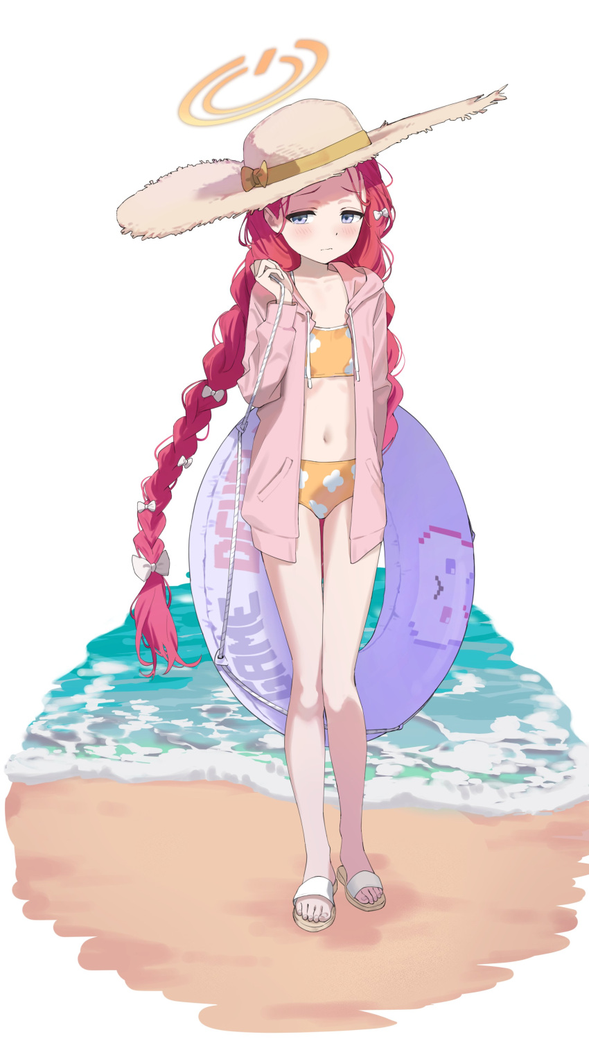 1girl, absurdres, beach, bikini, blue_archive, blue_eyes, braid, halo, hat, highres, innertube, long_hair, mitsutsuka, navel, ocean, redhead, sandals, sun_hat, swim_ring, swimsuit, twin_braids, white_background, yuzu_(blue_archive)