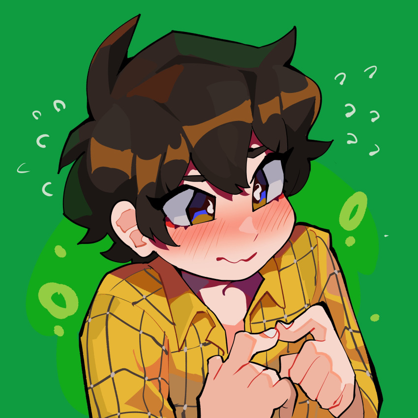 1girl, absurdres, blush, brown_eyes, brown_hair, collared_shirt, diforland, green_background