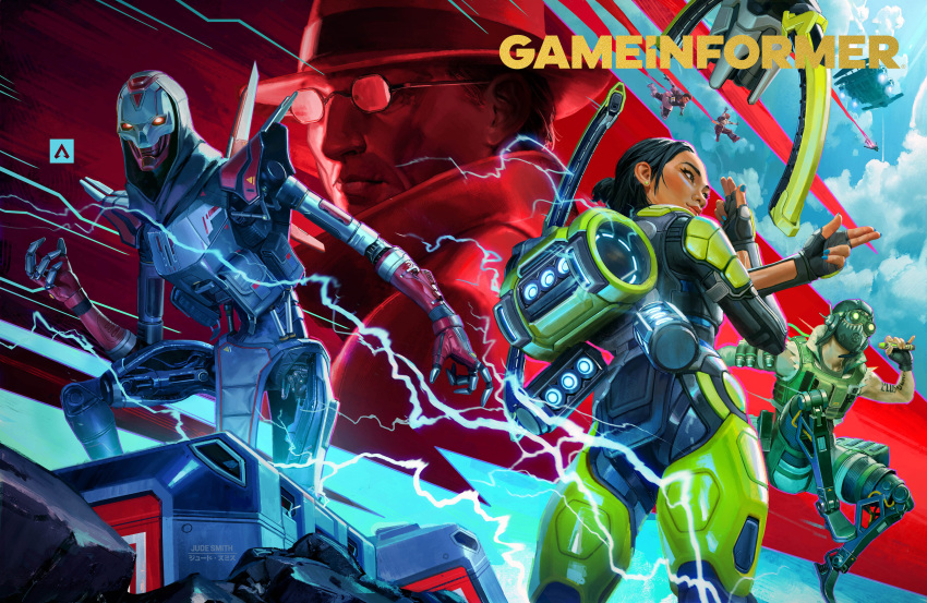 3boys, 3girls, absurdres, apex_legends, arm_tattoo, artist_name, asian, bangalore_(apex_legends)