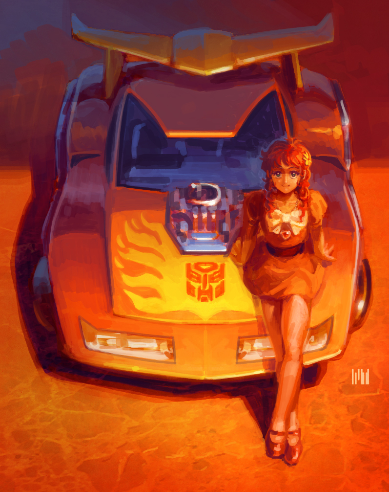 1girl, blue_eyes, bow, car, character_request, dress, engine, fmu
