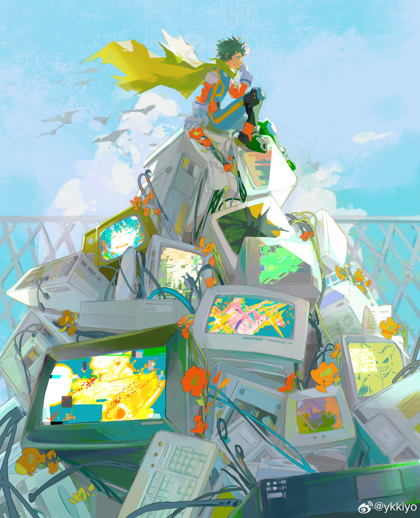 1boy, absurdres, all_might, bakugou_katsuki, belt, belt_pouch, blue_bodysuit, blue_sky