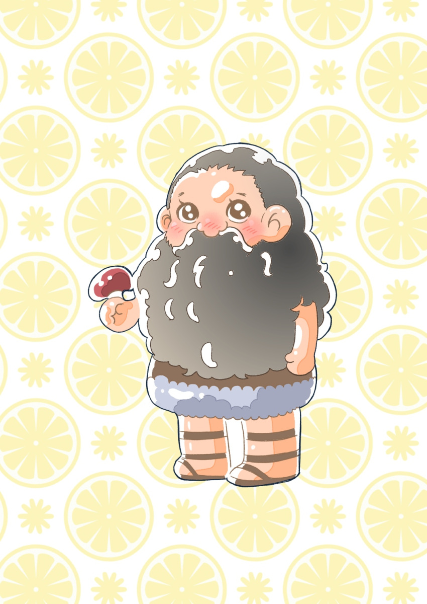 1boy, alternate_race, beard, black_hair, blush, deformed, dungeon_meshi, facial_hair, food-themed_background, full_body, halfling, helmet, highres, holding, holding_mushroom, kusarikake, long_beard, looking_at_viewer, male_focus, mushroom, senshi_(dungeon_meshi), senshi_(half-foot)_(dungeon_meshi), solo, standing, thick_mustache, very_long_beard