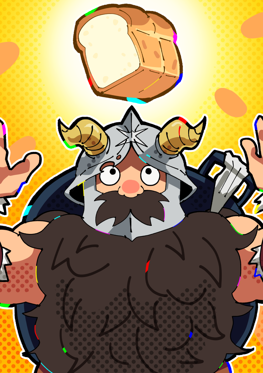 1boy, arms_up, beard, black_outline, bread, brown_hair, derivative_work, dungeon_meshi, dwarf, facial_hair, fake_horns, food, gradient_background, helmet, highres, horned_helmet, horns, joyoekaki, long_beard, male_focus, muscular, muscular_male, outline, screencap_redraw, senshi_(dungeon_meshi), solo, thick_mustache, upper_body, very_long_beard, wok