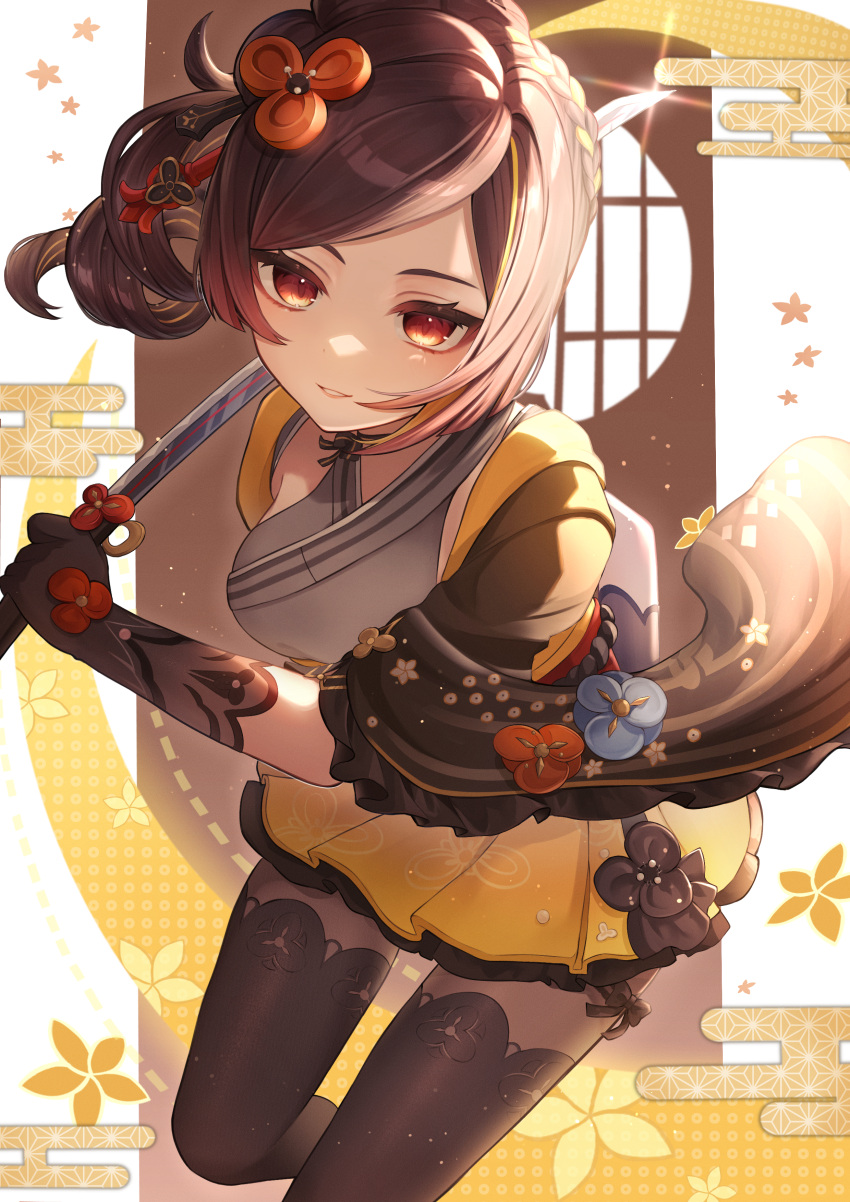 1girl, :d, absurdres, black_gloves, black_pantyhose, black_thighhighs, blush, breasts