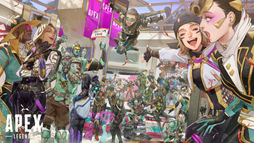 1other, 6+boys, 6+girls, ^_^, above_the_law_mad_maggie, absurdres, apex_legends, aqua_gloves