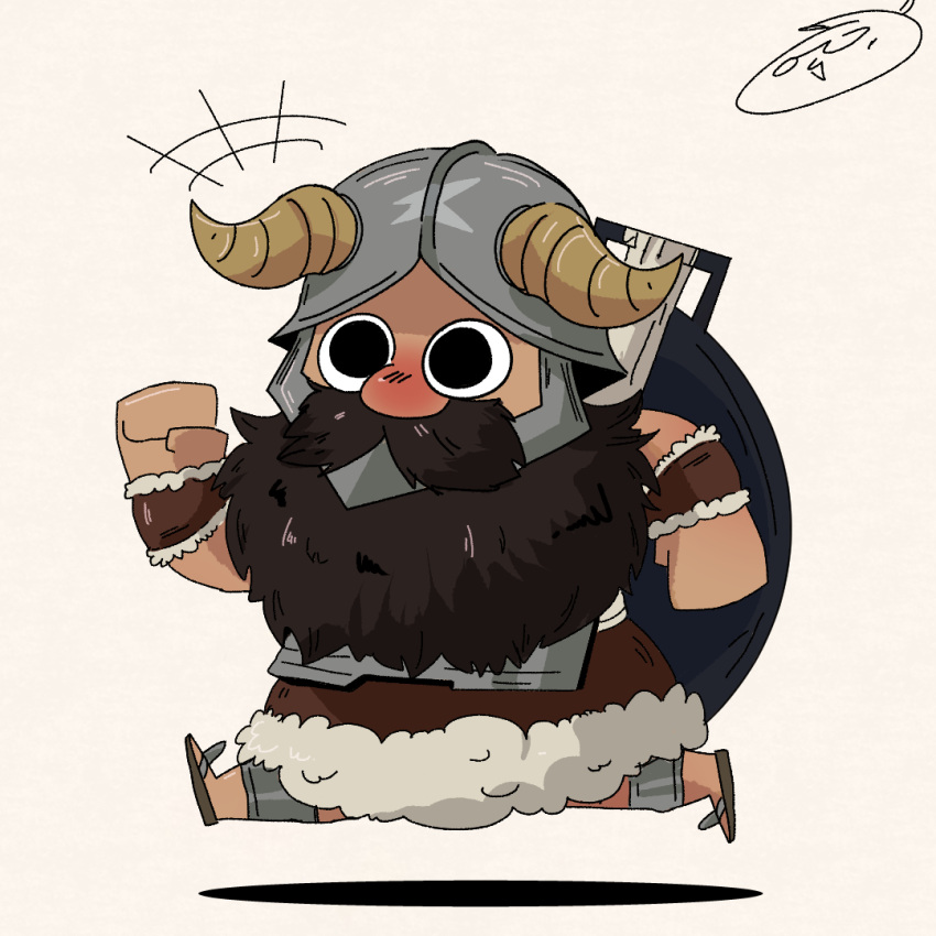 1boy, awlowl, beard, brown_hair, chibi, clenched_hands, dilated_pupils, dungeon_meshi, dwarf, facial_hair, fake_horns, from_side, full_body, happy_aura, helmet, horned_helmet, horns, long_beard, male_focus, red_nose, running, senshi_(dungeon_meshi), solo, thick_mustache, very_long_beard, wok