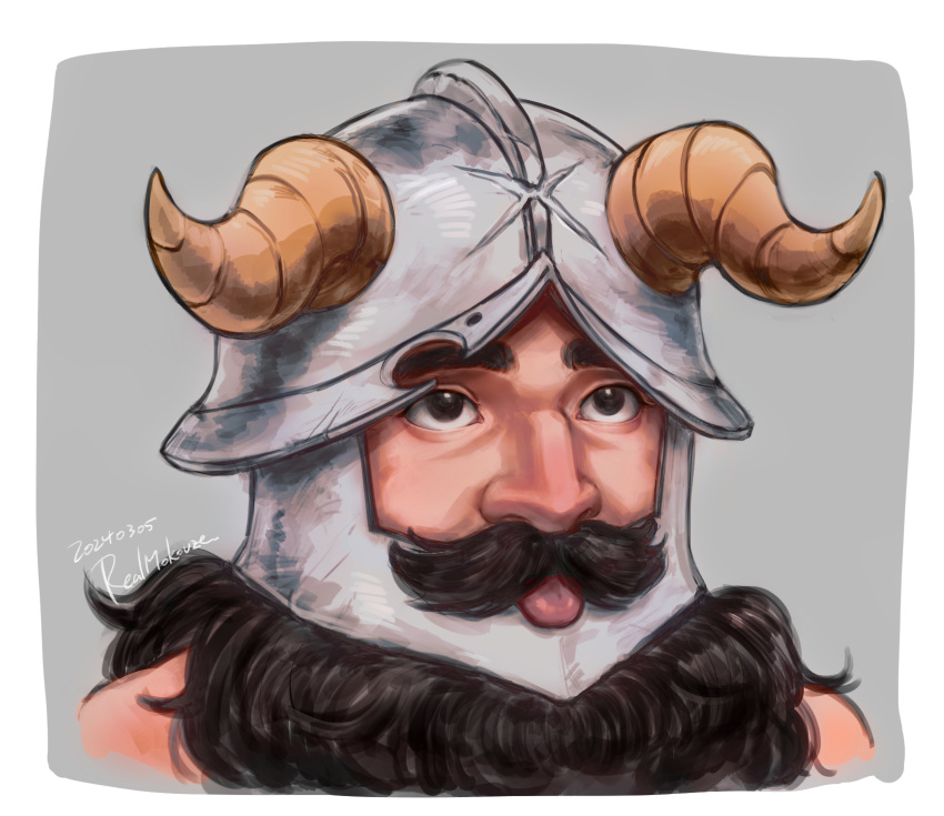 1boy, :p, beard, brown_hair, cropped_shoulders, dungeon_meshi, dwarf, facial_hair
