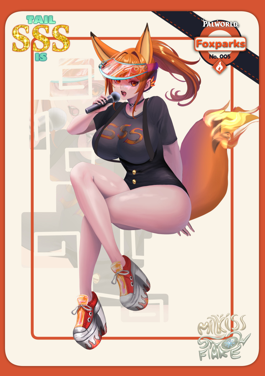 absurdres, animal_ears, bare_legs, breasts, choker, crossed_legs, fox, foxparks, highres, holding, holding_microphone, idol, large_breasts, microphone, milkissnowflake, open_mouth, palworld, red_eyes, redhead, tail