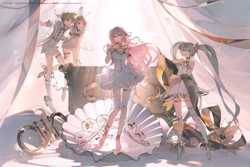 2boys, 2girls, :d, bare_shoulders, black_choker, blonde_hair, blue_eyes, blue_hair, bow, choker, commentary_request, curtains, dress, en_pointe, floating_hair, full_body, gramophone_len, gramophone_luka, gramophone_miku, gramophone_rin, hair_between_eyes, hair_bow, hair_ornament, hand_on_own_chest, hatsune_miku, high_heels, highres, kagamine_len, kagamine_rin, light_rays, long_hair, long_sleeves, looking_at_viewer, megurine_luka, miku_symphony_(vocaloid), multiple_boys, multiple_girls, official_art, open_mouth, pink_hair, pleated_dress, rella, shirt, short_dress, short_hair, shorts, sidelocks, single_thighhigh, smile, socks, strapless, strapless_dress, the_birth_of_venus, thigh-highs, twintails, very_long_hair, vocaloid, white_bow, white_dress, white_shirt, white_shorts, white_socks, white_thighhighs