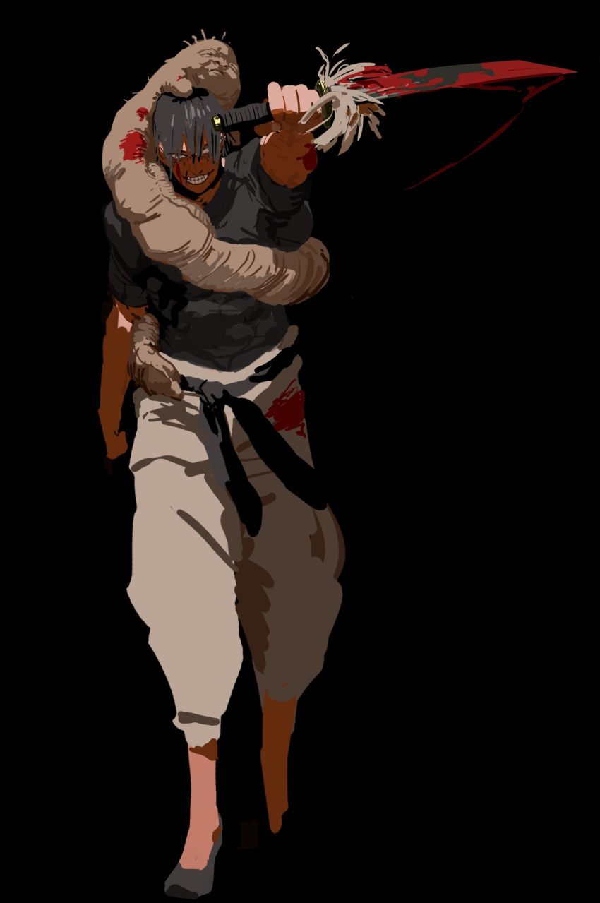 1boy, black_hair, blood, blood_on_face, creature, creature_on_shoulder, evil_grin, evil_smile, full_body, fushiguro_touji, galeblack, grin, highres, holding, holding_sword, holding_weapon, jujutsu_kaisen, looking_at_viewer, male_focus, muscular, muscular_male, on_shoulder, pants, scar, scar_on_face, scar_on_mouth, shirt, short_hair, smile, solo, sword, t-shirt, unfinished, walking, weapon