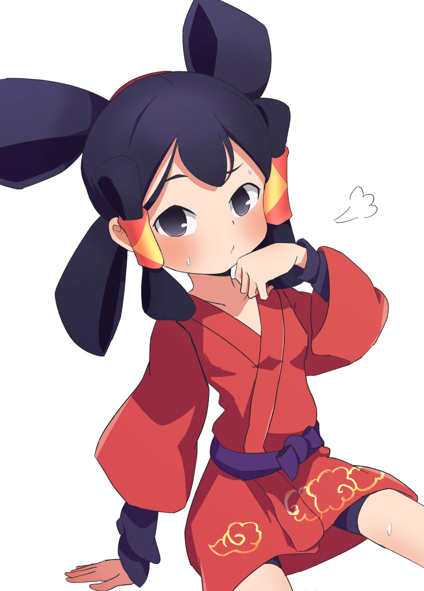 1girl, absurdres, bike_shorts, black_eyes, black_hair, blush, commentary_request, hair_rings, highres, japanese_clothes, kimono, ktmthe2nd, looking_at_viewer, mizura, red_kimono, sakuna-hime, simple_background, sitting, solo, sweat, tensui_no_sakuna-hime, white_background