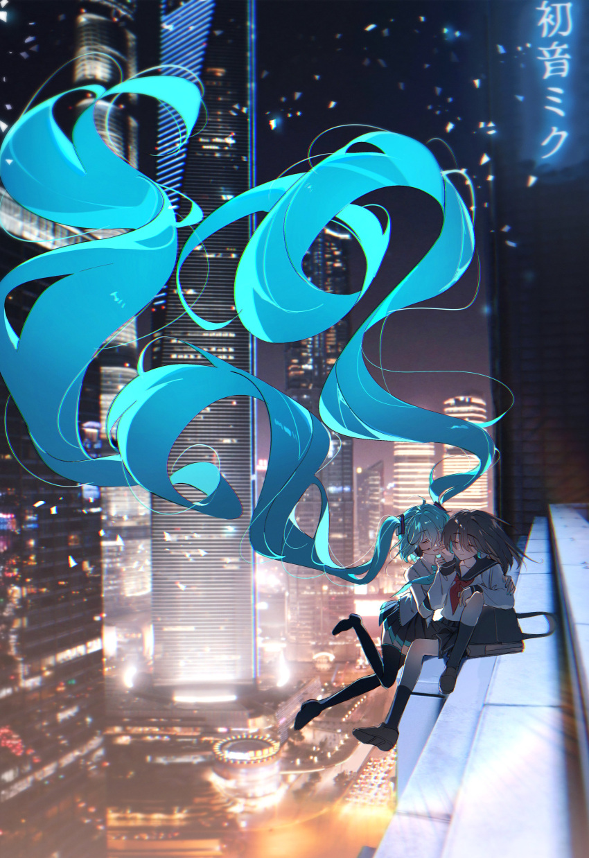 2girls, absurdly_long_hair, absurdres, aqua_hair, aqua_necktie, bag, bccommi, black_hair