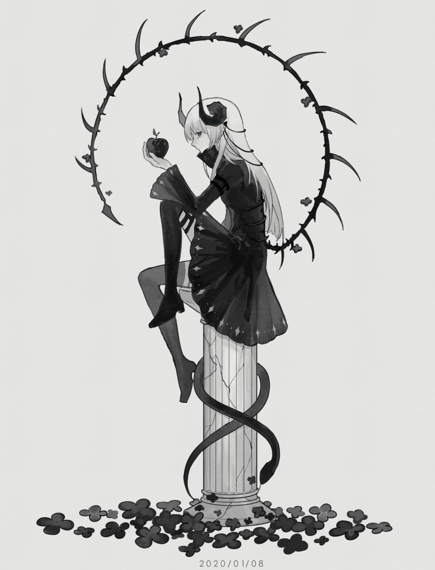 1girl, animal, apple, bone_tail, carriann000, crack, curled_horns, dress