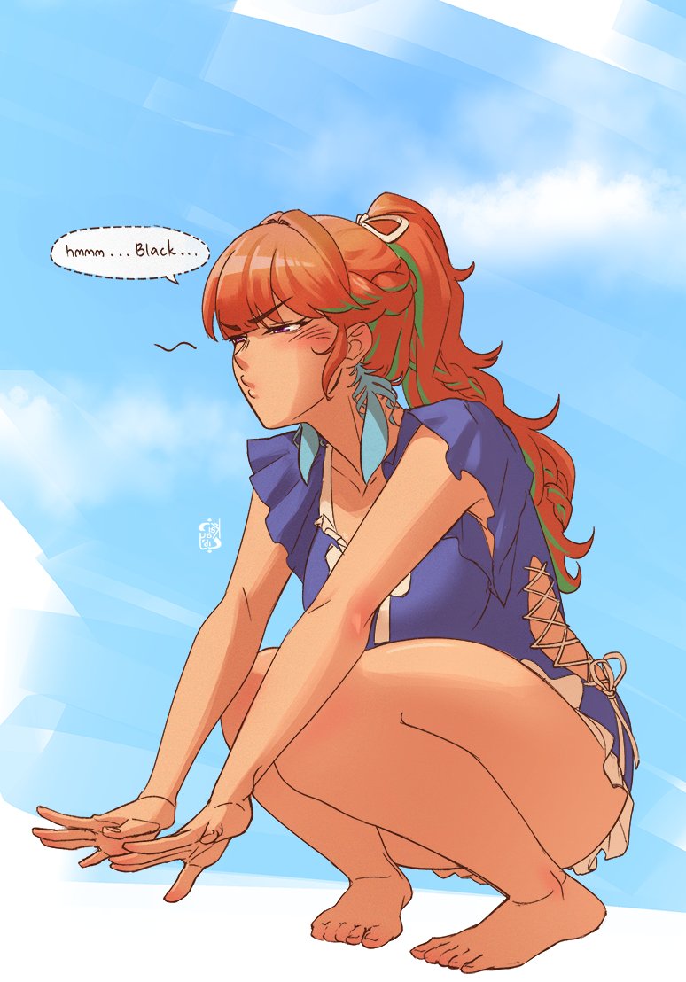 1girl, alternate_costume, barefoot, blue_sky, clouds, cloudy_sky, cross-laced_clothes, cross-laced_one-piece_swimsuit, earrings, feather_earrings, feathers, feet, frilled_one-piece_swimsuit, frills, green_hair, hololive, hololive_english, iskaydi, jewelry, long_hair, one-piece_swimsuit, orange_hair, ponytail, sky, smile, solo, squatting, swimsuit, takanashi_kiara, violet_eyes, virtual_youtuber