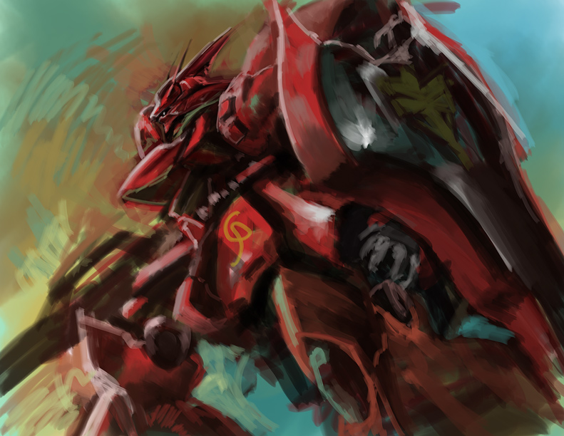 char's_counterattack, char's_counterattack, char_aznable, gun, gundam, mecha, no_humans, retsujin, sazabi, shield, solo, traditional_media, weapon