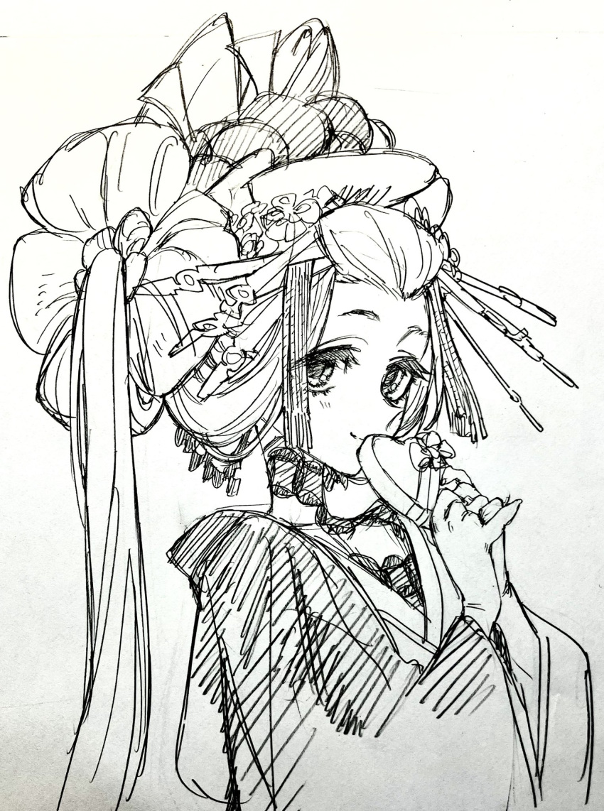 1girl, bangs_pinned_back, box, closed_mouth, fate/samurai_remnant, fate_(series), flower, greyscale