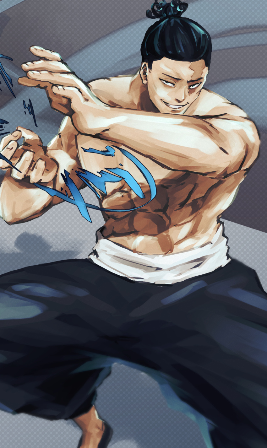 1boy, black_hair, clapping, feet_out_of_frame, highres, jujutsu_kaisen, kayukawatanuki, male_focus, muscular, muscular_male, outstretched_arms, pants, pectorals, scar, scar_across_eye, short_hair, sideburns, smile, solo, standing, topless_male, toudou_aoi_(jujutsu_kaisen)