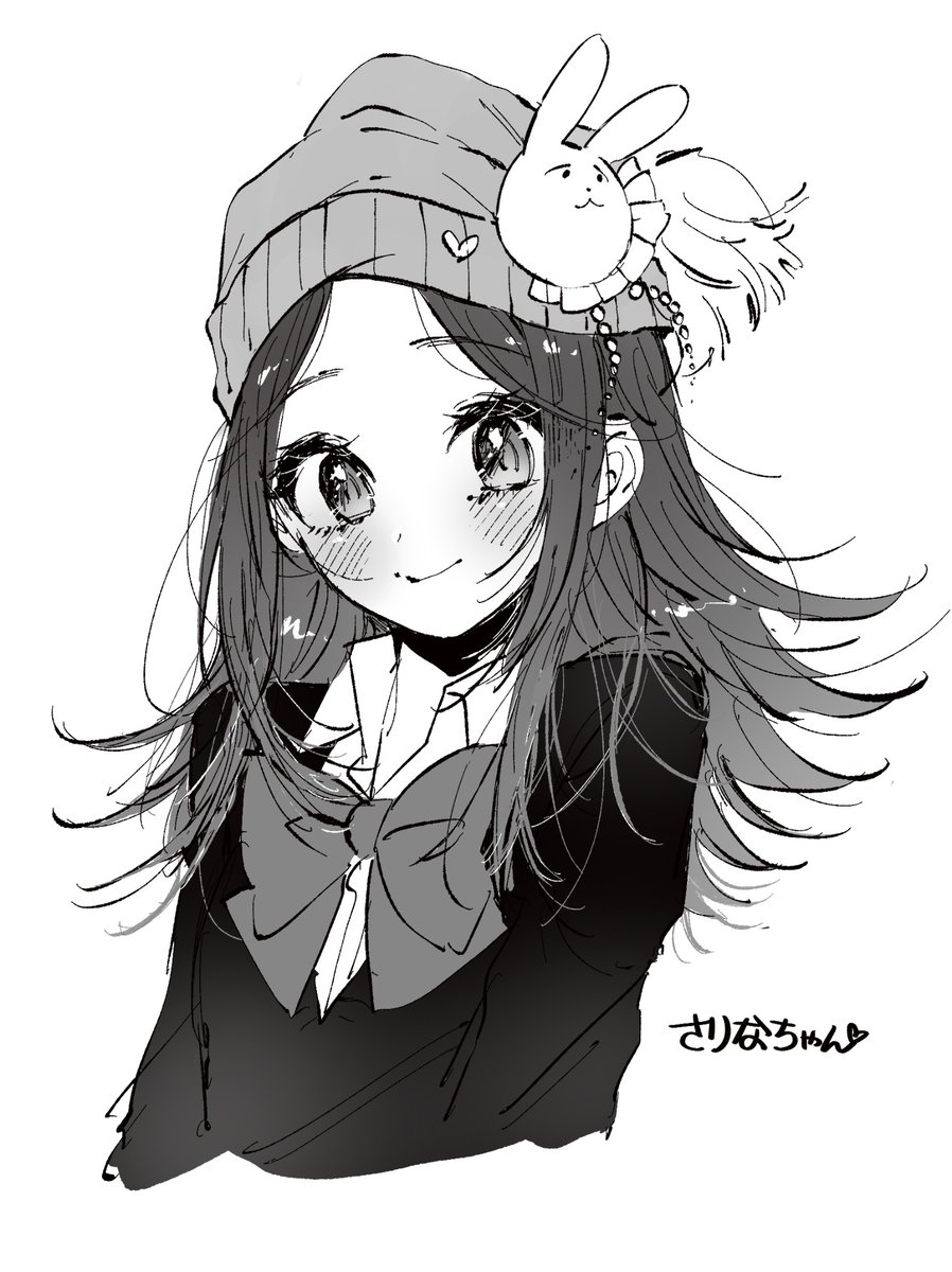 1girl, am_pokeball99, beanie, blush, bow, bowtie, character_name, closed_mouth