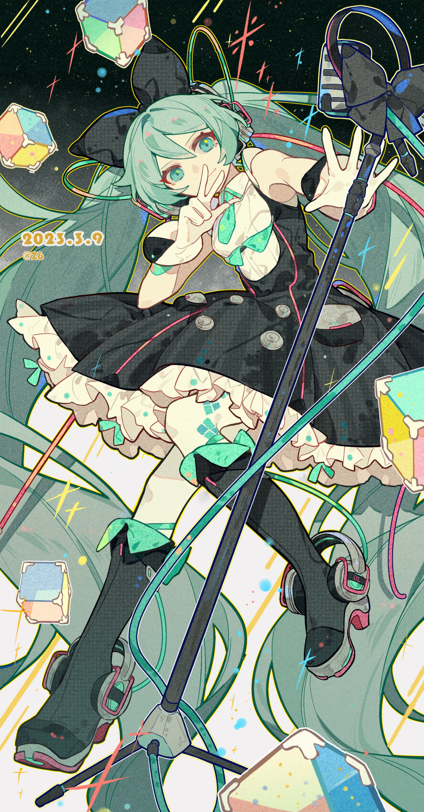 1girl, 39_music_(vocaloid), absurdly_long_hair, absurdres, aqua_eyes, aqua_hair, bare_shoulders, black_background